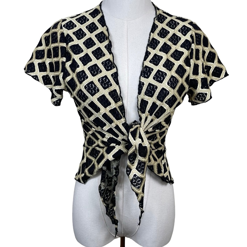 Vintage Crazy Fish Tie Front Top Women S Black Gold Geometric Lace Shrug Boho